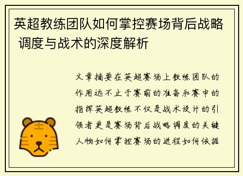 英超教练团队如何掌控赛场背后战略 调度与战术的深度解析
