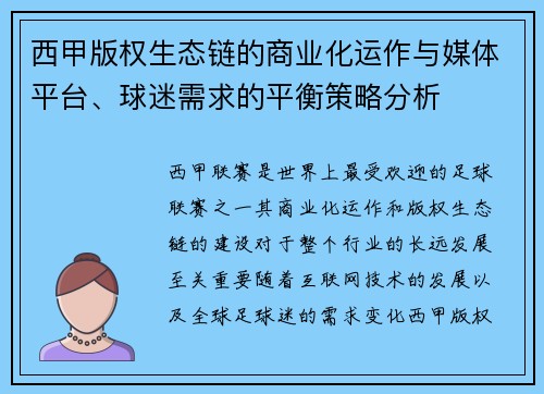 西甲版权生态链的商业化运作与媒体平台、球迷需求的平衡策略分析