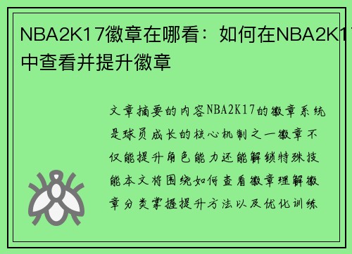 NBA2K17徽章在哪看：如何在NBA2K17中查看并提升徽章